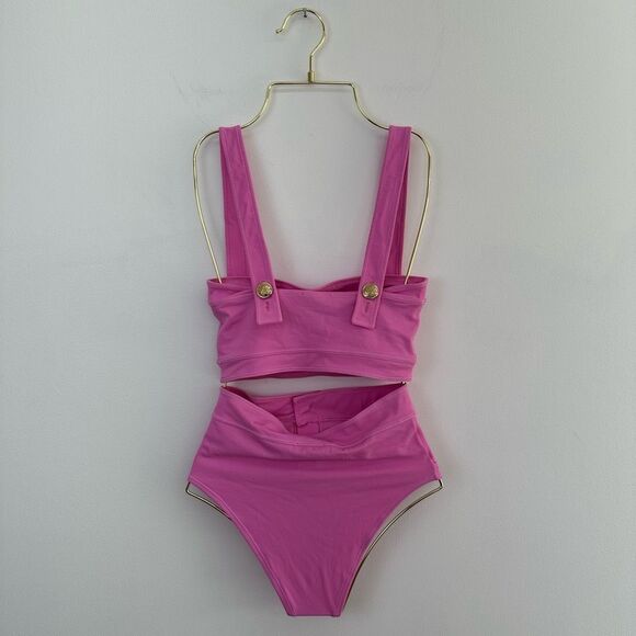 OYE Swimwear Women’s Lavinia Pink Bandeau Bikini Gold Button Detail - Picture 3 of 12